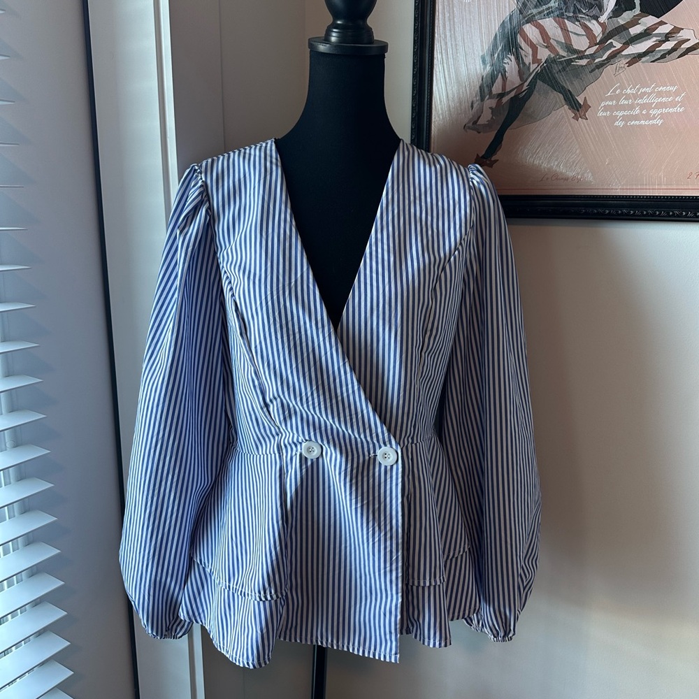 SHEIN long sleeve Blue and White Striped peplum wrap Blouse size xl 44 12